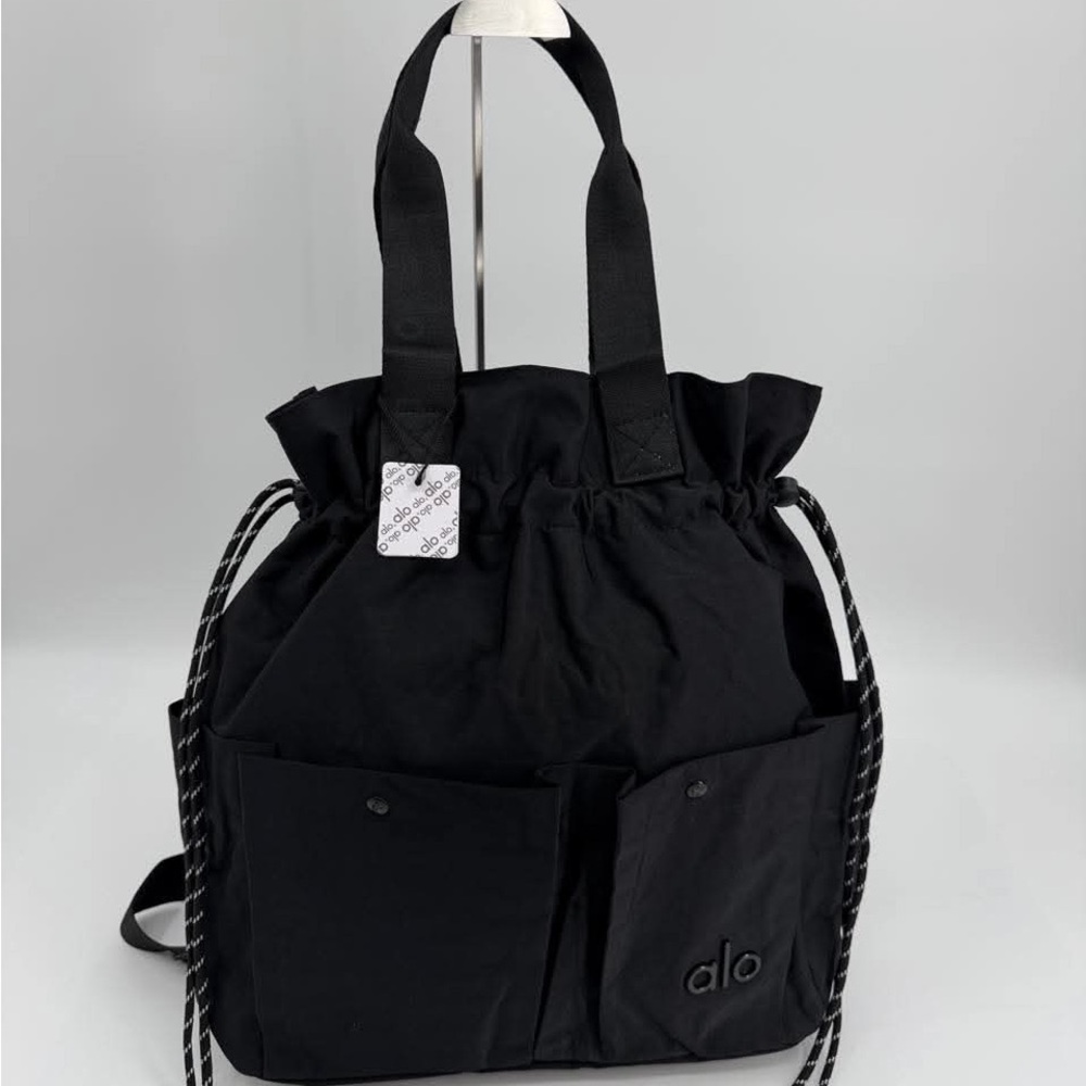 ALO Yoga Black Drawstring Tote Backpack with Front Pockets